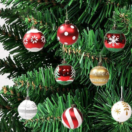 6cm Painted Christmas Ball Ornaments For Tree Decor - set of red, gold and white hand-painted 6 cm plastic baubles on green Christmas tree