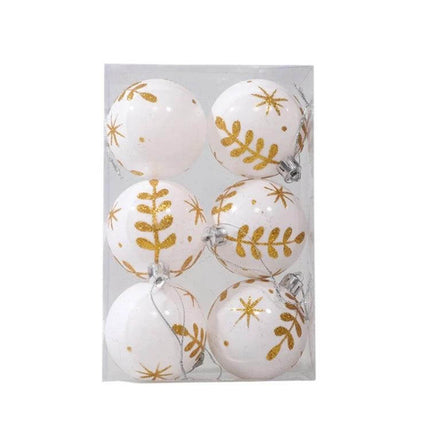 6cm Painted Christmas Ball Ornaments For Tree Decor - white 6cm hand-painted plastic baubles with gold leaf and star motifs, set of six for indoor tree