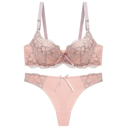 Women's Adjustable Lace Push-Up Bra Set for Everyday Wear in pink lace 3/4 cup adjustable spandex bra and matching thong