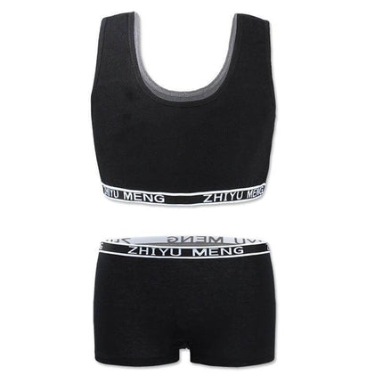 Comfortable Pure Cotton Underwear Set for Children Aged 7-14 - black vest-style bra and matching shorts, 100% cotton breathable set for active kids