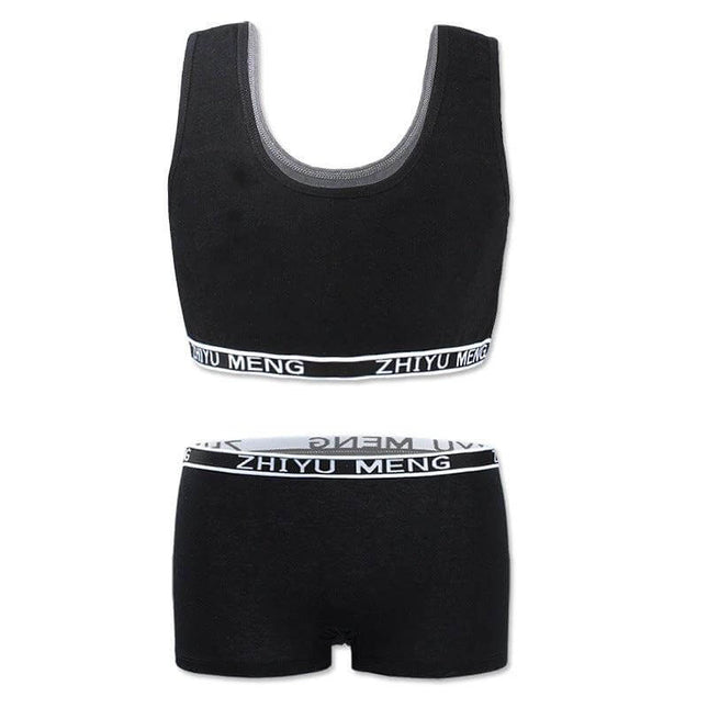Comfortable Pure Cotton Underwear Set for Children Aged 7-14 - black vest-style bra and matching shorts, 100% cotton breathable set for active kids