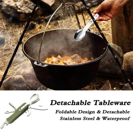 7-In-1 Outdoor Camping Folding Tableware Set For Travel image showing detachable stainless steel spoon and foldable utensils beside a campfire cooking pot