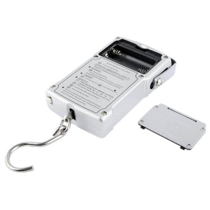 7 In 1 Electronic Fishhook Scale 50kg 10g For Fishing - white handheld digital fish scale with metal hook and open battery compartment