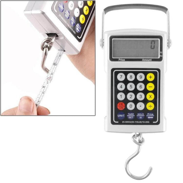 7 In 1 Electronic Fishhook Scale 50kg 10g For Fishing handheld digital scale with backlit display, keypad, price calculator and measuring tape