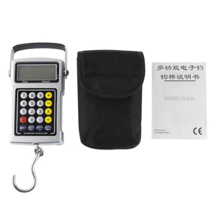 7 In 1 Electronic Fishhook Scale 50kg 10g For Fishing - handheld digital scale with hook, carry pouch and manual, 50kg capacity, 10g precision