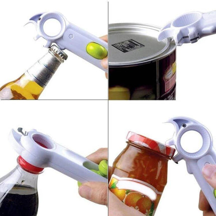 7 In 1 Kitchen Opener For Cans Bottles And Garlic Grinder showing multitool opening bottle caps, cans, jars and grinding garlic in compact design
