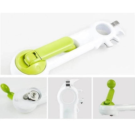 7 In 1 Kitchen Opener For Cans Bottles And Garlic Grinder compact white and green multitool showing can opener bottle opener and garlic grinder
