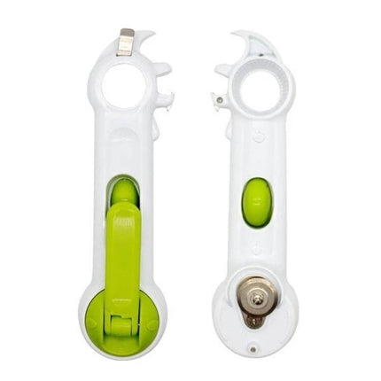 7 In 1 Kitchen Opener For Cans Bottles And Garlic Grinder white and green multitool showing can opener, bottle opener, twist cap grip and garlic grinder