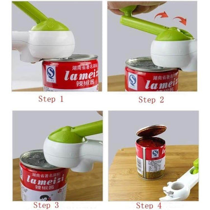 7 In 1 Kitchen Opener For Cans Bottles And Garlic Grinder demonstrating 4-step can opening process with green white multitool