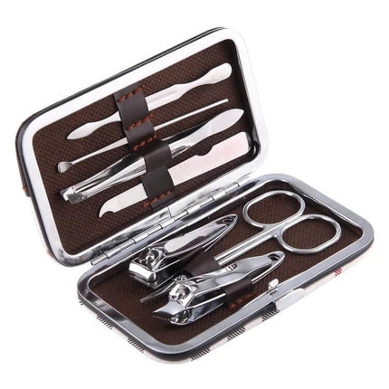 7 In 1 Nail Care Clipper Set With Leather Pouch For At Home Grooming - compact stainless steel tools in brown leather travel case