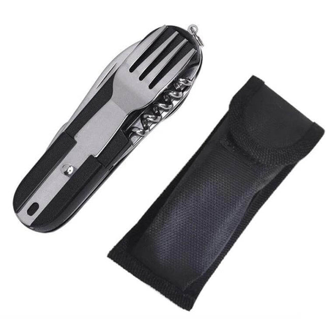 7-In-1 Outdoor Camping Folding Tableware Set For Travel compact stainless steel folding utensil kit with pouch