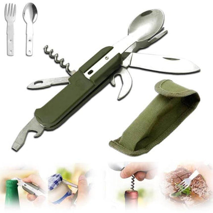 7-In-1 Outdoor Camping Folding Tableware Set For Travel shown unfolded with spoon, fork, knife, corkscrew and canvas pouch