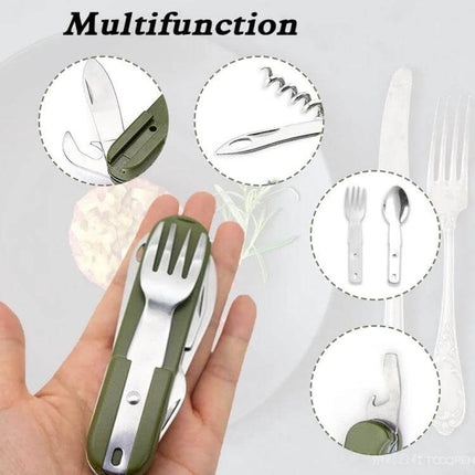 7-In-1 Outdoor Camping Folding Tableware Set For Travel compact green stainless steel folding utensil kit for camping and backpacking