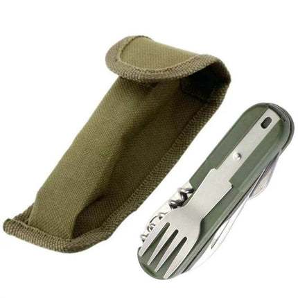 7-In-1 Outdoor Camping Folding Tableware Set For Travel compact stainless steel folding utensil kit with olive nylon pouch