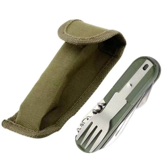 7-In-1 Outdoor Camping Folding Tableware Set For Travel compact stainless steel folding utensil kit with pouch
