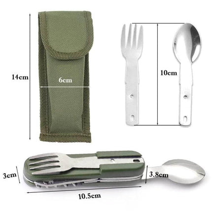 7-In-1 Outdoor Camping Folding Tableware Set For Travel compact folding spoon fork knife set with green nylon pouch, stainless steel, travel dimensions