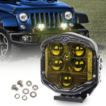 7 Inch A Pillar Roof Light For Cars With High And Low Beam mounted on A-pillar showing dual high and low beam off-road illumination, IP67 waterproof, wiring kit included