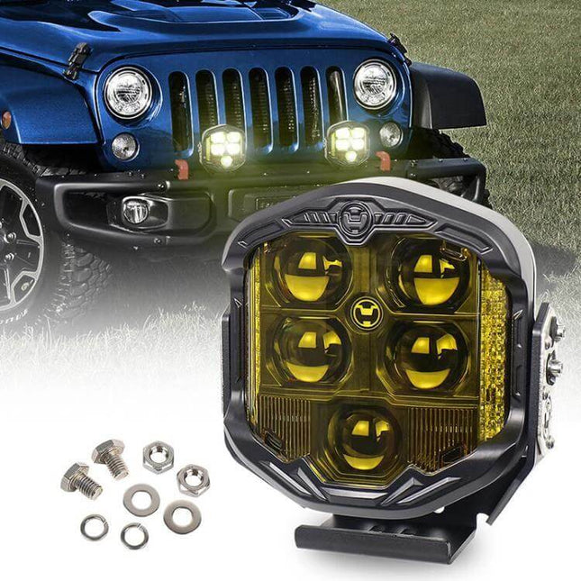 7 Inch A Pillar Roof Light For Cars With High And Low Beam mounted on A-pillar showing dual high and low beam off-road illumination, IP67 waterproof, wiring kit included