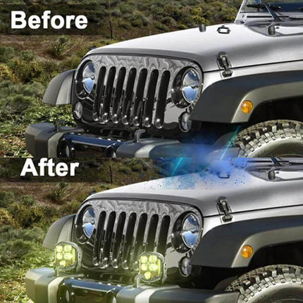 7 Inch A Pillar Roof Light For Cars With High And Low Beam mounted on Jeep A-pillar showing before and after illumination, dual high and low beam, IP67 waterproof