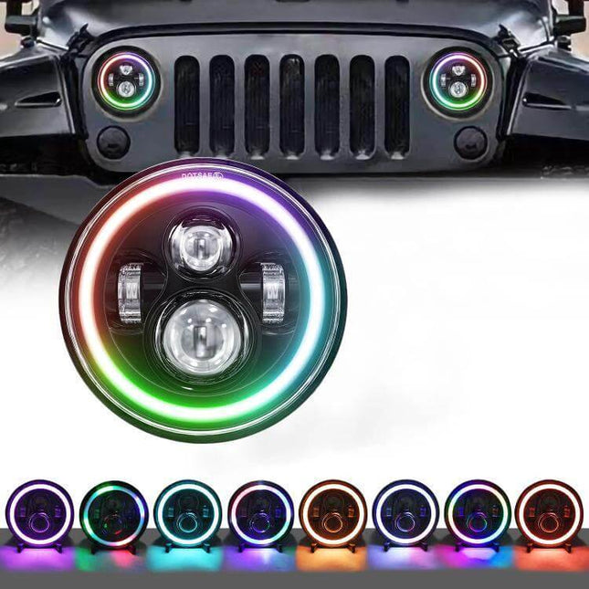 7-Inch Colorful Round Angel Eye Headlight For Daytime Driving installed on Jeep with multi-color OSRAM LED ring and selectable rhythm, strobe, rotation modes
