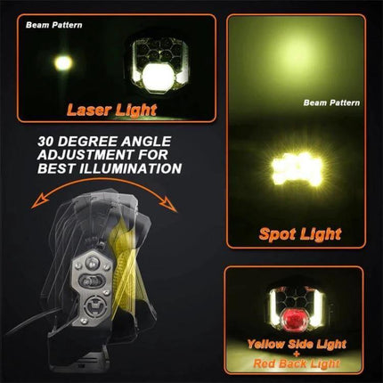 7 Inch LED Headlight For Vehicles Everyday Driving Light showing beam patterns, 30 degree angle adjustment, spot, laser, yellow side and red back light