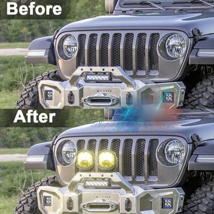 7 Inch LED Headlight For Vehicles Everyday Driving Light installed on Jeep front bumper showing before and after bright yellow LED beam