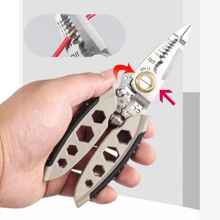 7-Inch Multipurpose Wire Stripper With Hex Hole Set held in hand showing cutting, stripping and hex-wrench functions