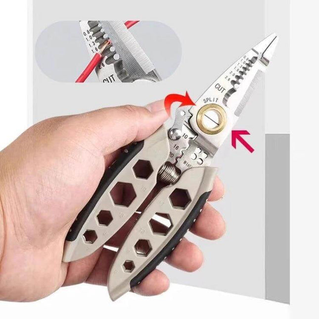 7-Inch Multipurpose Wire Stripper With Hex Hole Set in hand showing cutting, stripping, crimping and hex-wrench holes
