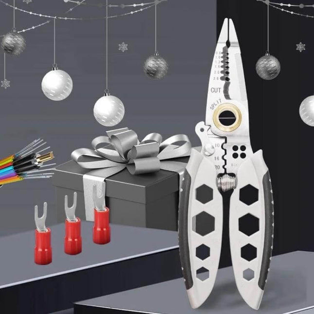7-Inch Multipurpose Wire Stripper With Hex Hole Set shown on gift display with wire ferrules and cable for DIY electrical work