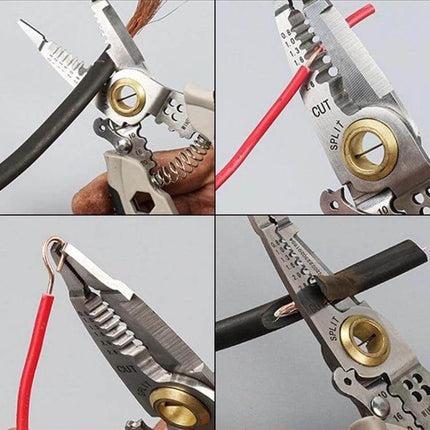 7-Inch Multipurpose Wire Stripper With Hex Hole Set showing cutting, stripping, crimping, and hex-wrench functions on various wires