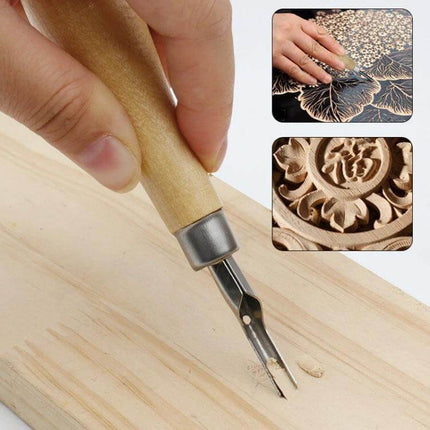 7-Piece Wood Handle Carving Knife Set For Woodworking detailed wooden-handle chisel carving tool showing stainless blade and fine relief work