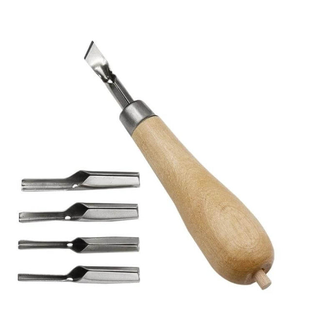 7-Piece Wood Handle Carving Knife Set For Woodworking showing wooden-handled knife with four extra stainless steel blades