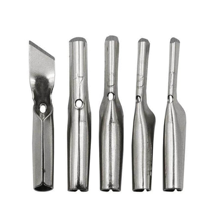 7-Piece Wood Handle Carving Knife Set For Woodworking showing five stainless blade heads for detailed relief and inlay carving