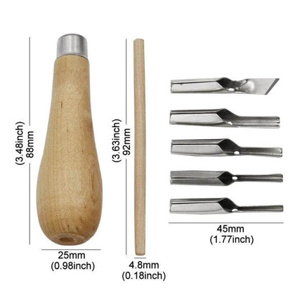 7-Piece Wood Handle Carving Knife Set For Woodworking compact kit with wooden handle and five stainless blades shown with dimensions