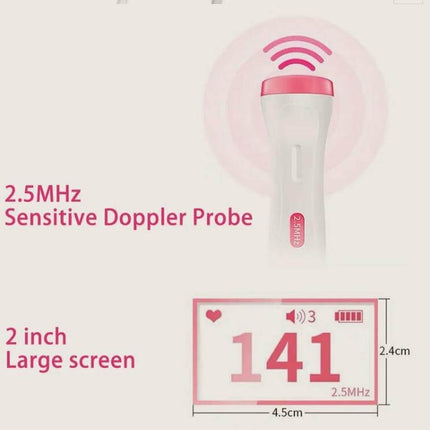Portable Fetal Heart Rate Monitor for Home Pregnancy Use - handheld 2.5MHz Doppler probe with 2 inch screen showing fetal heart rate 141