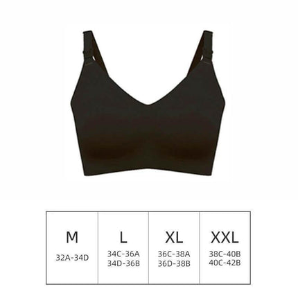 Women's Simple Glossy Seamless Maternity Bra for Daily Wear - black nylon seamless maternity bra with fixed double-shoulder straps, size chart shown