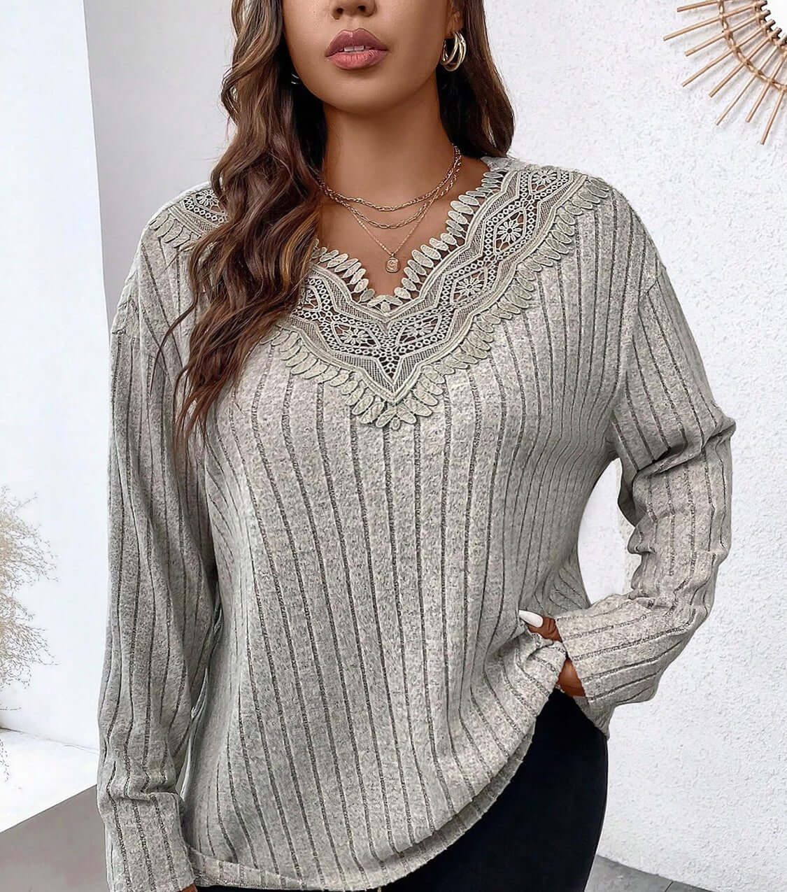 Plus Size Lace Detail Long Sleeve T-Shirt