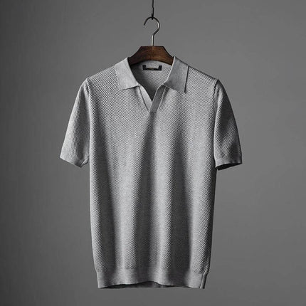 Men's Cotton V-Neck Short Sleeve Lapel Top for Everyday Wear - grey cotton v-neck lapel shirt on hanger, breathable casual workwear