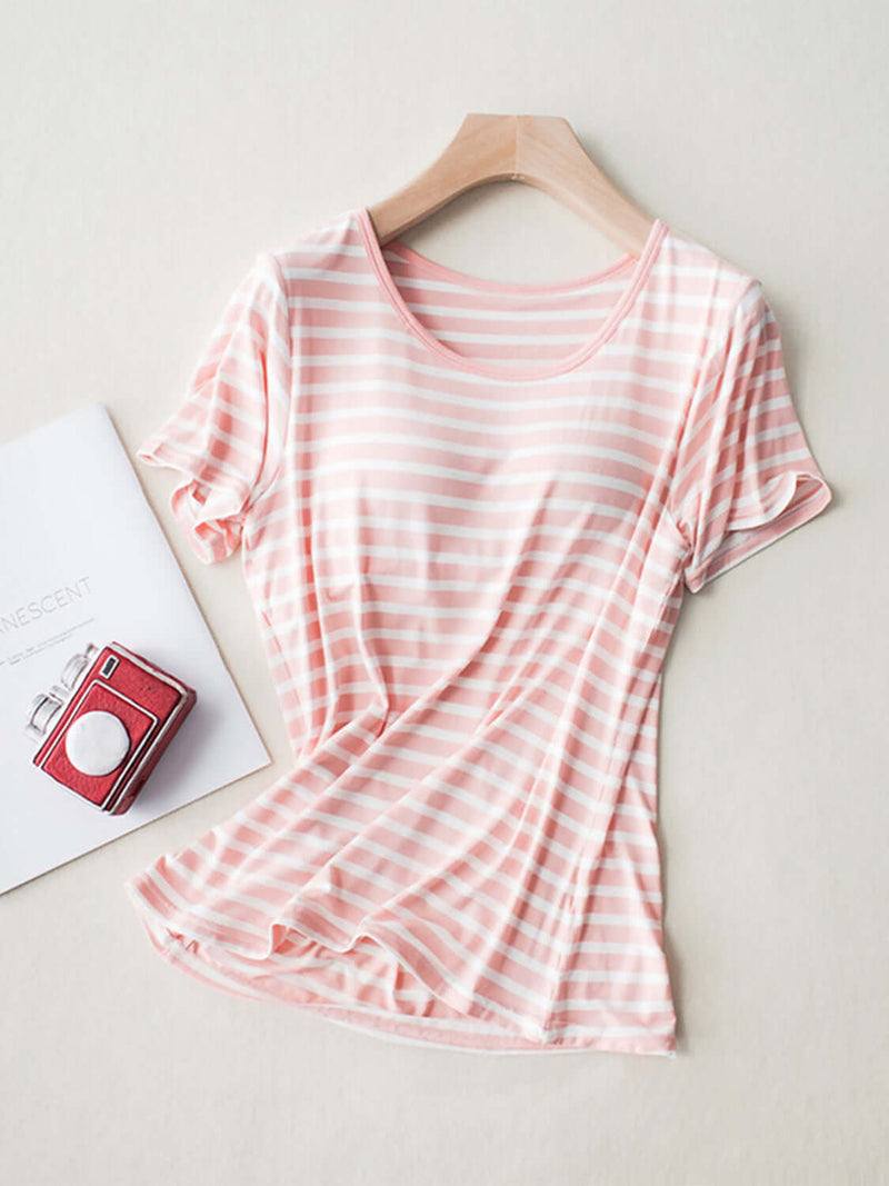 Striped Round Neck Short Sleeve T-Shirt with Bra