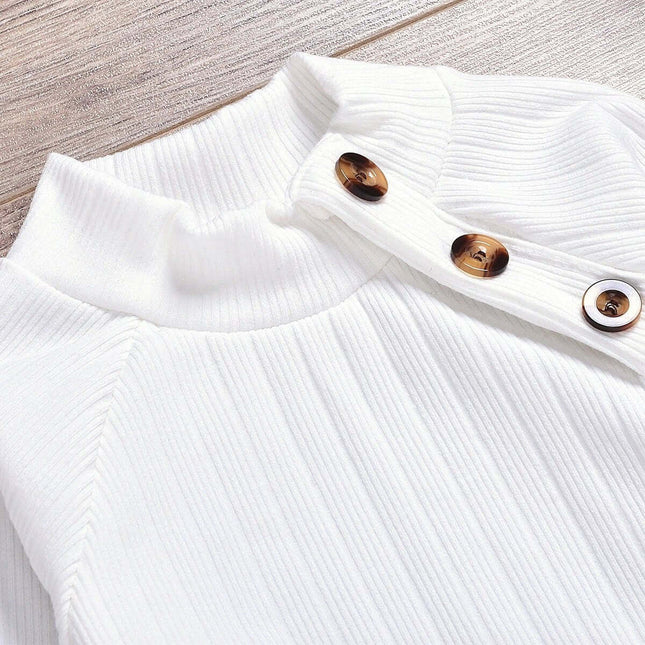 Girl's Pure Cotton Skirt Suit Set for Toddlers, Ages 1-3 - close-up of white ribbed cotton top with button details