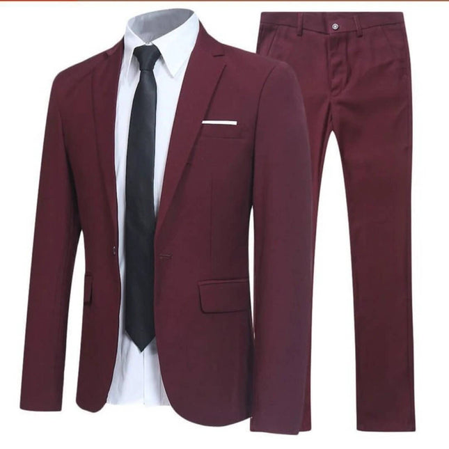Classic Men's Slim Fit Three-Piece Suit for Formal Wear - burgundy slim-fit suit jacket vest and trousers styled with white shirt and black tie