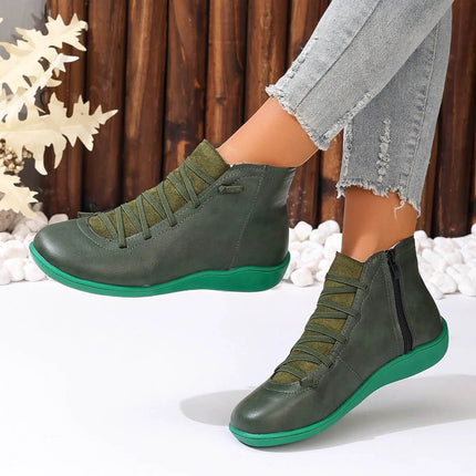 Women's Casual High Top Short Boots With Low Heel Round Toe in green PU with side zipper and low heel for city commuting