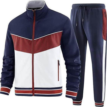 Sports Jacket with Zippered Collar and Casual Pants Set in navy white and red, zip-up collar jacket and matching full-length pants for active daily wear