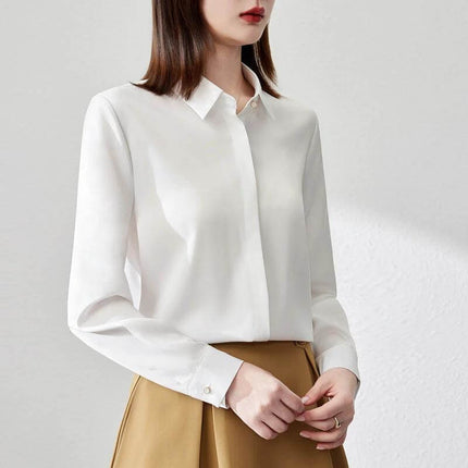 Elegant Satin Long Sleeve Top for Women's Office Wear in white satin shirt with stitch button detail, styled with a tan skirt