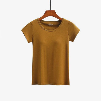 Women's Comfortable Short-Sleeved T-Shirt with Built-in Chest Pad - mustard viscose tee for breathable everyday summer wear