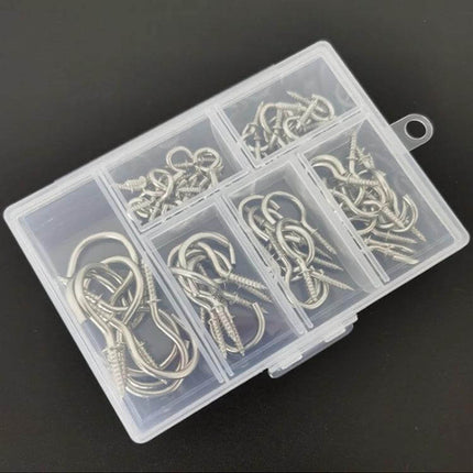 75-Piece Box Screw-In Ceiling Hook Set For Home Storage - clear plastic organizer with six sizes of iron screw-in ceiling hooks for hanging plants and decor
