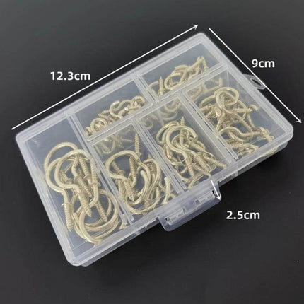 75-Piece Box Screw-In Ceiling Hook Set For Home Storage — clear plastic organizer with six compartments of various iron screw-in ceiling hooks