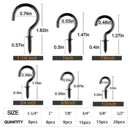75-Piece Box Screw-In Ceiling Hook Set For Home Storage with six hook sizes organized in a plastic box, dimensions and quantities shown