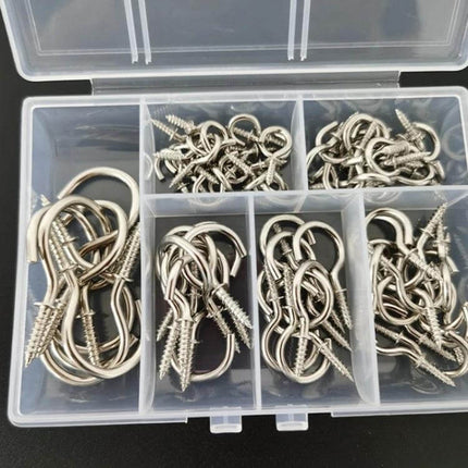 75-Piece Box Screw-In Ceiling Hook Set For Home Storage in clear plastic organizer showing six sizes of iron screw-in hooks
