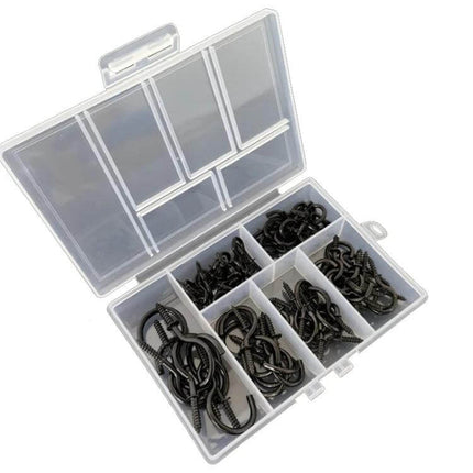 75-Piece Box Screw-In Ceiling Hook Set For Home Storage, clear plastic organizer with six compartments of black screw-in ceiling hooks